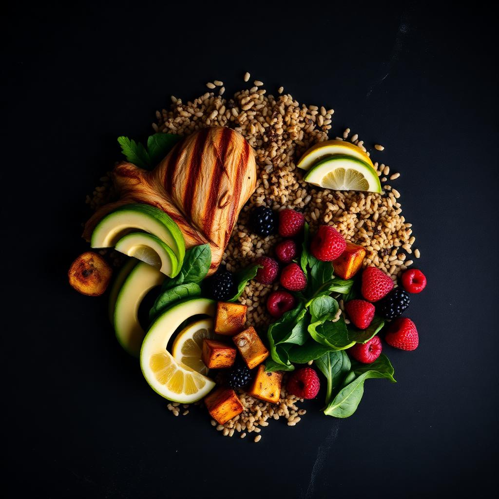 Gesunde TnT Mahlzeit: gegrilltes Hähnchen, Quinoa, Gemüse, Avocado und Beeren